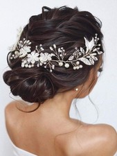 Bridal Wedding Leaf Floral Hair Vine with Faux Pearls Silver Headpiece