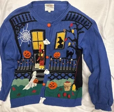 Vintage 90s 1995 Susan Bristol Halloween Teacher Cardigan Sweater Accents Sz L