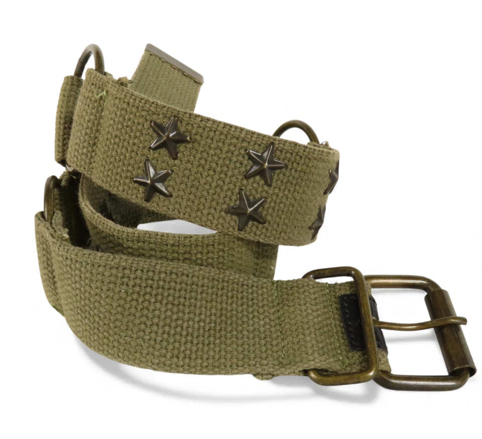 ARMY GREEN WEB BELT Dark Bronze Stars & Rings SEGMENTED CHAIN Military Style M/L - Image 2 of 4