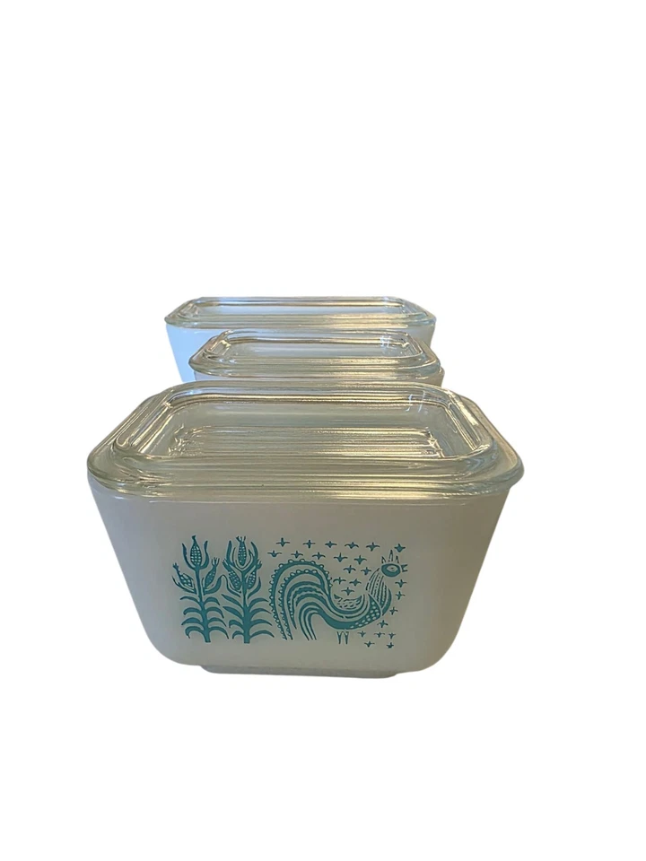 Vtg Pyrex Turquoise Amish Butterprint Refrigerator Dish Set with Lids Retro MCM - Image 4 of 4