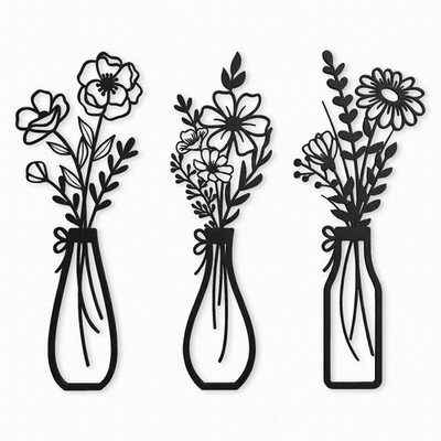 3-Piece Black Metal Flower Wall Art   Minimalist Iron Vases & Floral Decor, R...