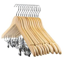 12-Pack Wooden Pant Hanger, Wooden Suit Hangers with Steel Clips and Hooks,