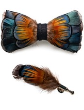 Handmade Feather Pre-tied Bow tie and Brooch Sets for Men Peacock Blue/Orange