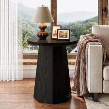 Farmhouse Round End Table, Wooden Couch Side Table with Octagonal Base - Black