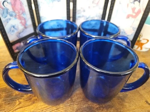 Set of 4 Vintage Arcoroc France Cobalt Blue Glass Coffee Cups Mugs