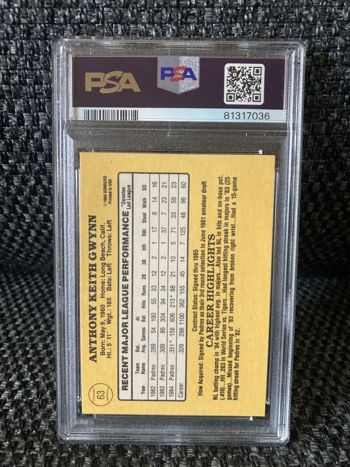 1985 Donruss Tony Gwynn #63 - PSA 9 - Picture 2 of 2
