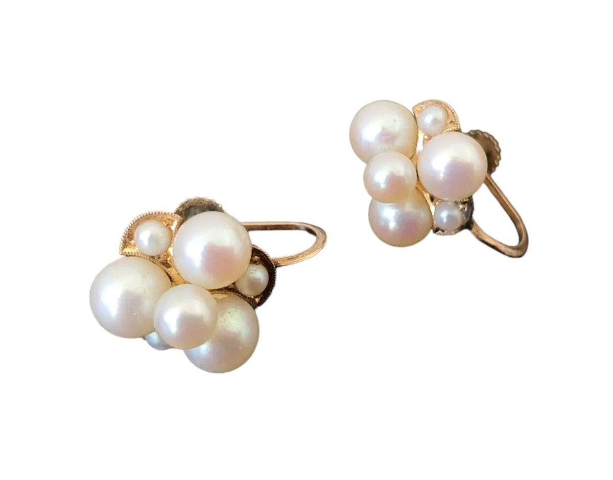 Boucles D'oreilles Vintage Années 90 - Dorées Avec Perle Et Nœud, Signées EA, Occasion