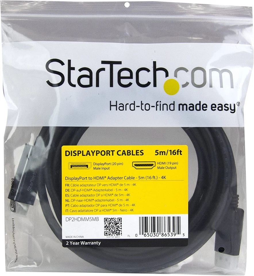 StarTech DisplayPort 1.2 to HDMI 4K 30Hz Adaptor Lead, 5m/16ft - Image 1 of 3