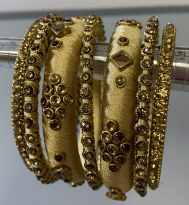 Silk Thread Wrapped Gold Colored Bangle Bracelets LOT OF 7