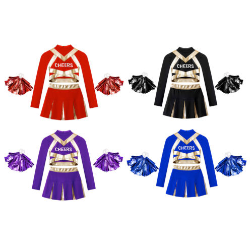 Kids Girls Cheerleading Costume Long Sleeve Cheer Leader Uniform A line Dress - Picture 1 of 58