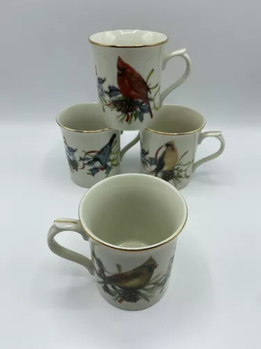 VTG Set 4 Lenox Winter Greetings Mugs Christmas Holiday Cups W/Birds /rw