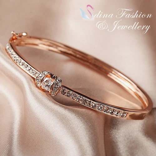 18K Rose Gold Filled Made With SWAROVSKI Crystal Round Cut Pave Set Bar Bangle