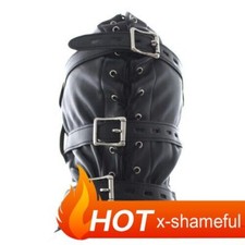 Leather Padded Hood Blindfold With Lock Head Harness Mask Fetishs Slaver