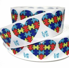 GROSGRAIN RIBBON 5/8", 7/8", 1.5" 3" AUTISM AWARENESS Hearts AU9 Printed