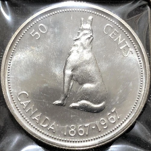 1967 CANADA 80% SILVER HALF DOLLAR 50 CENT COIN WOLF UNC