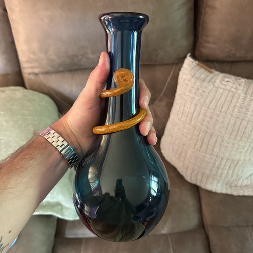 Mid Century Blenko Snake Vase Blue And Amber Snake Around It Theo Vase