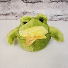 Dan Dee Small Round Green Frog Plush 5" Stuffed Animal Funny Face Silly Grin Bow