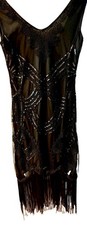 1920s Vintage Style Flapper Dress - Black Sequin Art Deco Fringe Gatsby Party