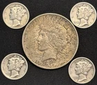 L@@K! 1.06 oz ASW Silver Lot: AU/UNC Toned 1922 Peace Dollar + 4 Mercury Dimes