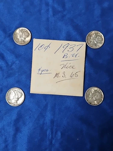 4 1937 Uncirculated Flawless Mercury Dimes, 90% Silver, Great Deal!