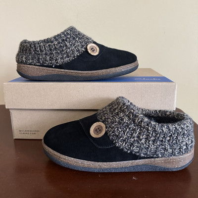 Clarks Women's Suede Knit Slip-On Slippers Black/Gray LB1031-K201 Size 7