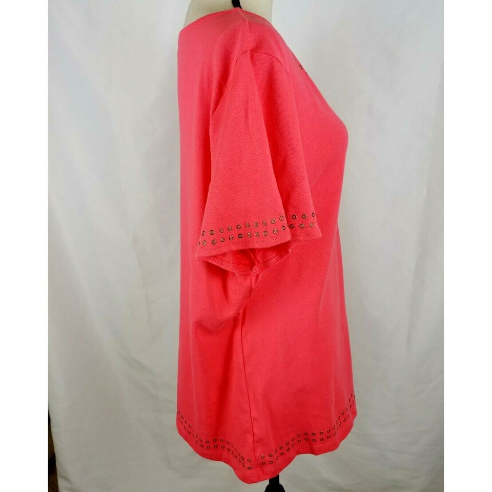 Karen Scott Top Womens Size Medium Orange Coral Short Sleeve Grommets