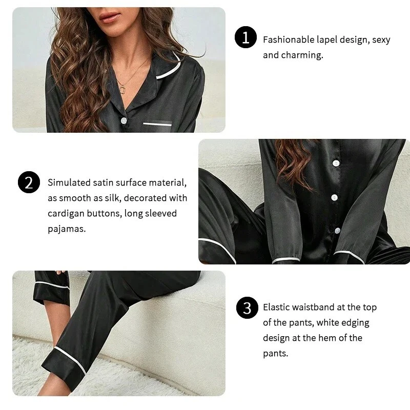 Conjunto de pijama de satén de seda para mujer ropa de dormir de manga larga con botones ropa de salón Foto 3 de 4