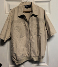 John Blair Shirt Jacket Mens L Short Sleeve Full Zip 70s Vintage Ribbed Hem Tan