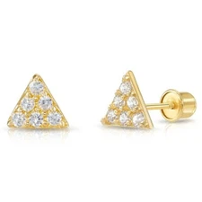 14K Real Solid Gold Pave CZ Small Triangle Iced Sleeper Studs Earrings Screwback