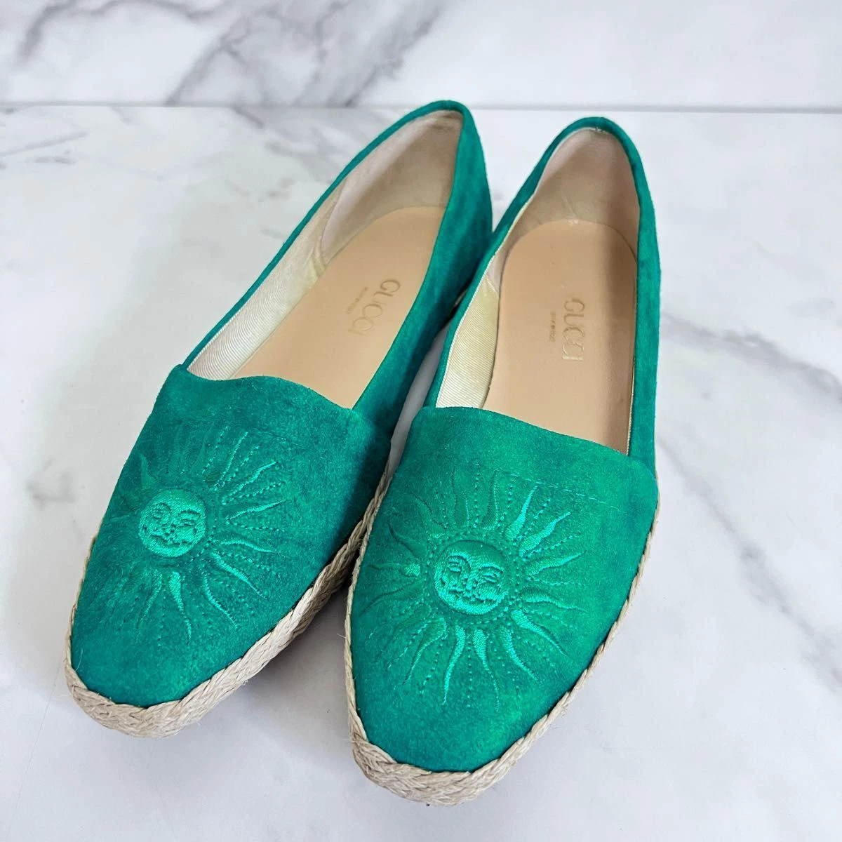 Chaussures à enfiler authentiques GUCCI vert émeraude motif soleil daim femme 36 US6 23 cm