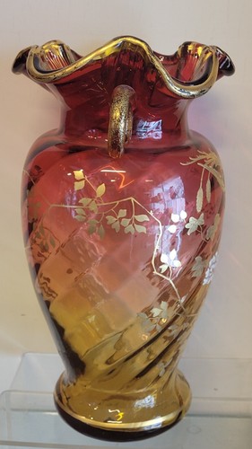 MOSER AMBERINA 12" GROSSE VASE - VERGOLDET & EMAILLIERT - HD PTD BLUMEN & VOGEL - UM 1890 - Bild 7 von 11