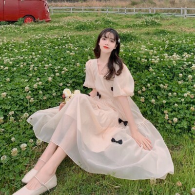 Lady Mesh Fairy Dress Lolita Puff Sleeve Bow Sweet Elegant Prom Gown Chic  Summer | eBay