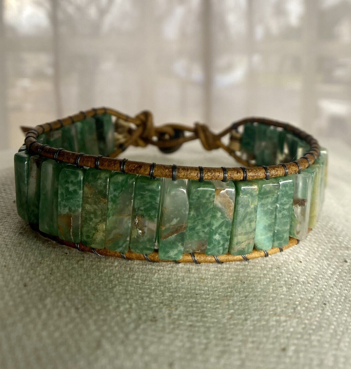 African Jade Beaded Brown Leather Wrap Bracelet adjustable Beaded