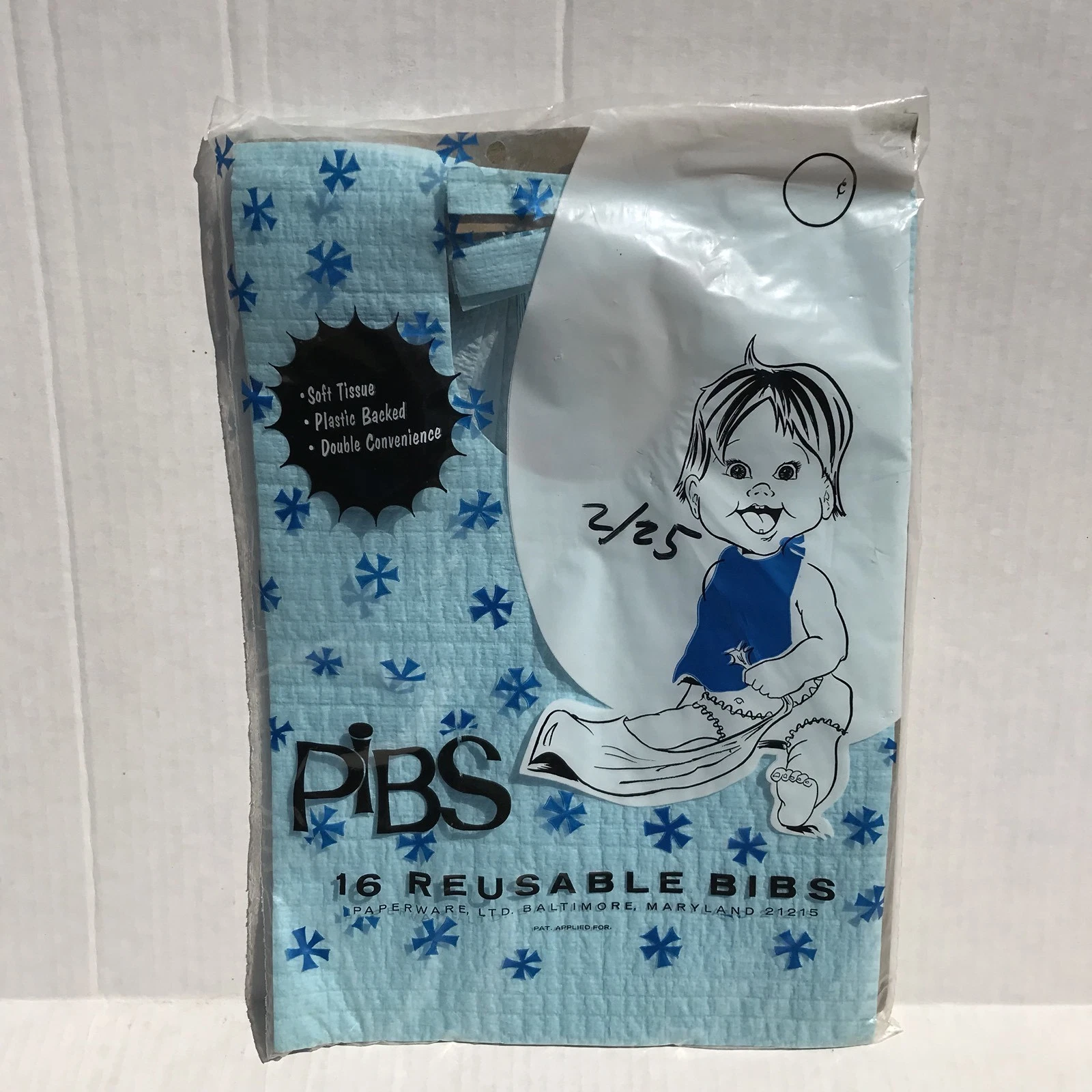 Vtg Paper Disposable Baby Bibs Pibs Blue Soft Tissue Plastic Backed Pack 16 USA