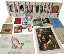 Religious Box Lot Saint Prints Wall Plaques Figurines Ephemera Place Mats