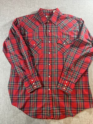 Vintage Ely Cattleman Shirt Mens Large Pearlsnap Western Plaid Red Cowboy Ranch