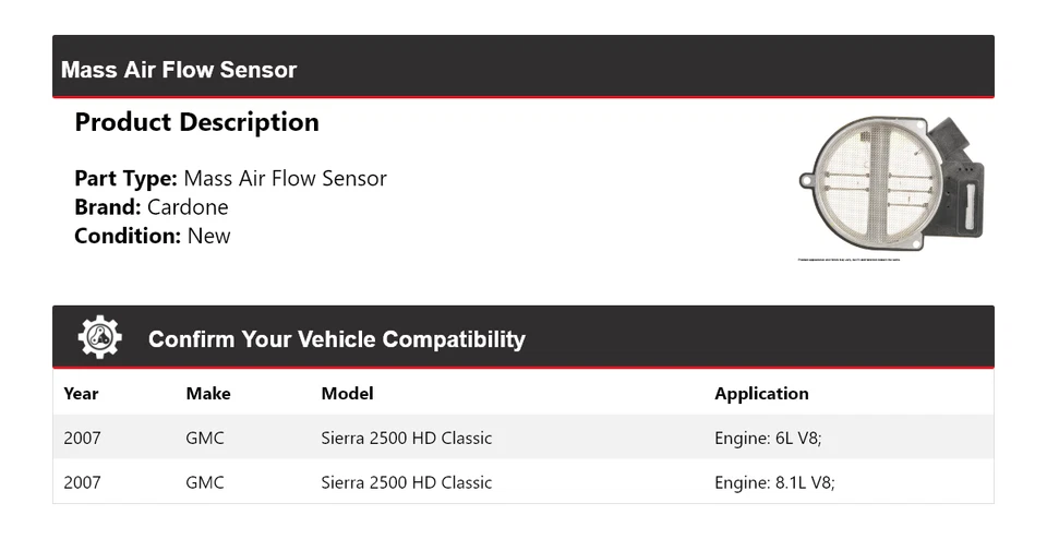 Sensor de flujo de aire masivo clásico Cardone para GMC Sierra 2500 HD 2007 Foto 2 de 4