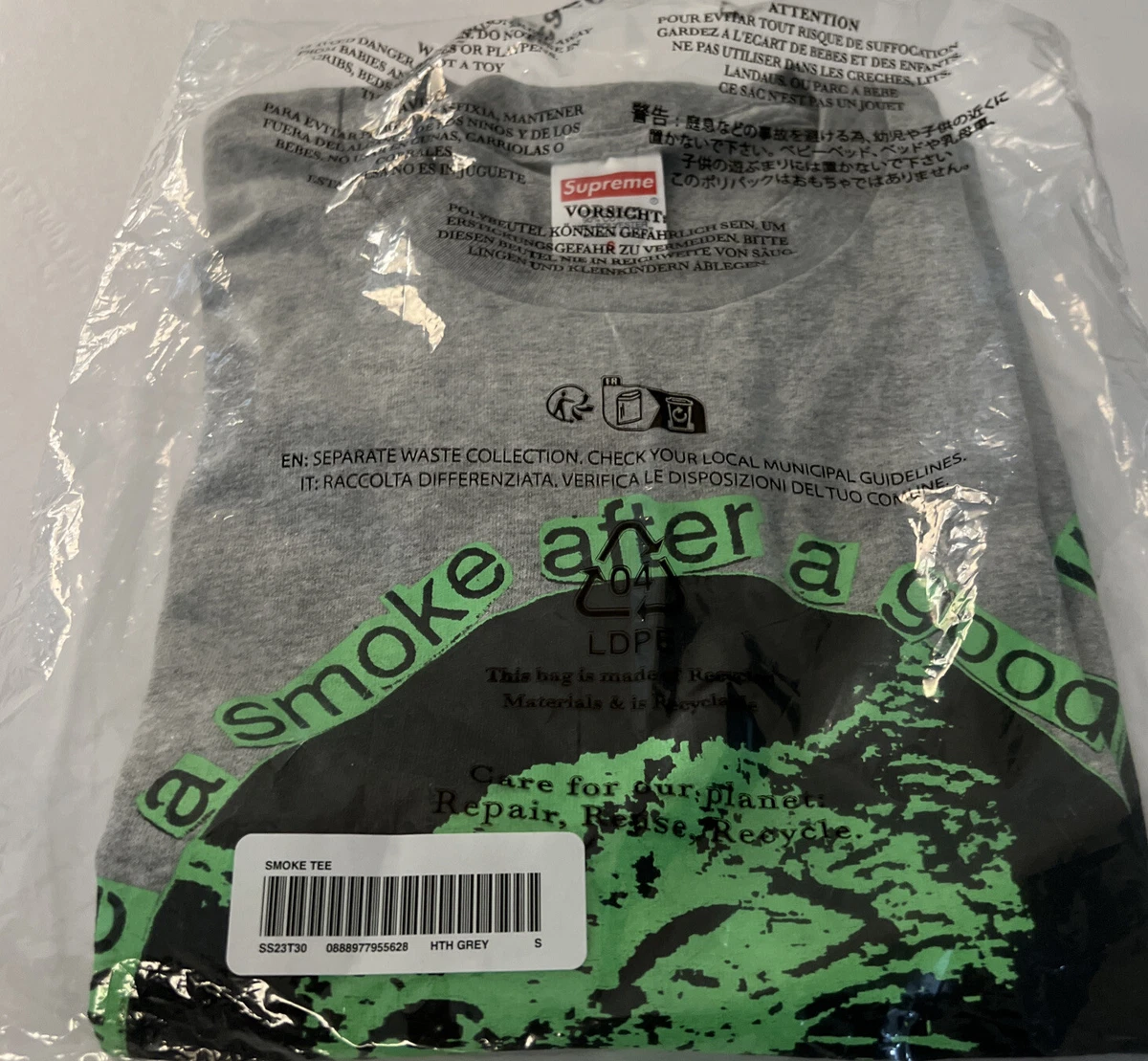 SUPREME SMOKE TEE HEATHER GREY SIZE SMALL/SS23 WEEK 1 (100