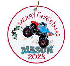 Personalized Boys Christmas Ornament 2023 Monster Truck Flames Ceramic 3 inch