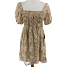 Tan NSR Beige Julia Smocked Lace Puff Sleeve Mini Dress sz S