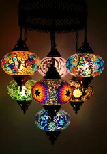 Turkish Moroccan Glass Mosaic Hanging Ceiling Chandelier Lamp 7 Large Globe