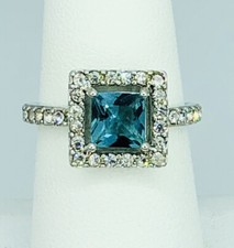 Sterling Silver Square Halo Blue Cubic Zirconia  Clear CZ Ring 7