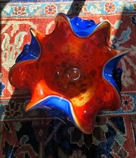 Murano Glass Ruffled Centerpiece Bowl - Attr. Seguso/Barbini - Blue & Red 8"