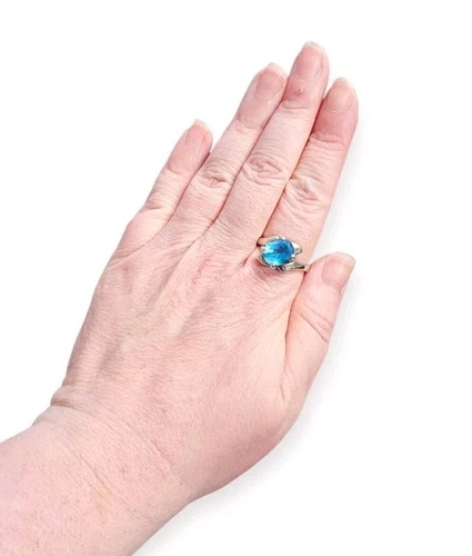 Vintage Brutalist Artisan Geometric Blue Topaz Gem Stone 925 Silver Ring Sz 9 7g