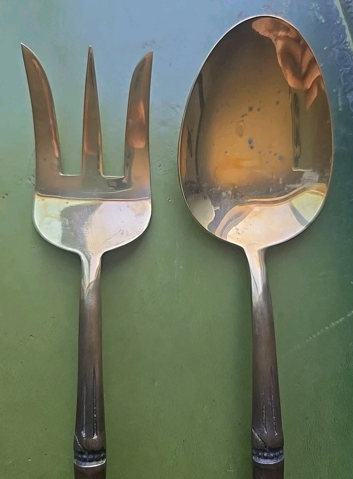 Juego de cuchara y tenedor para servir de colección latón marcado Tailandia estilo bambú manijas cubiertos Foto 2 de 4