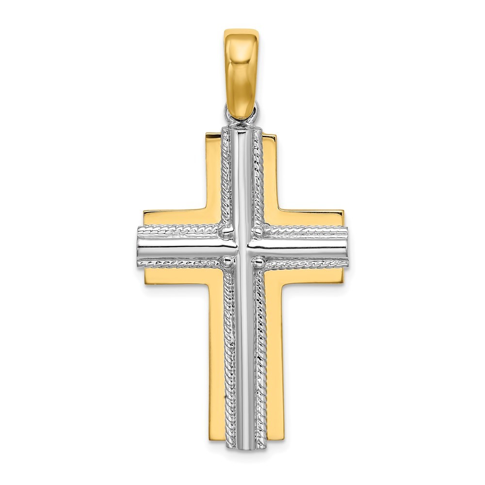 14K Two-tone Gold Ridged Trim Cross Charm Pendant L-1.36 Inch 7.65gm