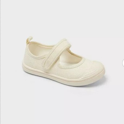 Cat & Jack Girls Cream Sparkle Mary Jane Sneakers Size 10 Canvas Hook Loop Shoe