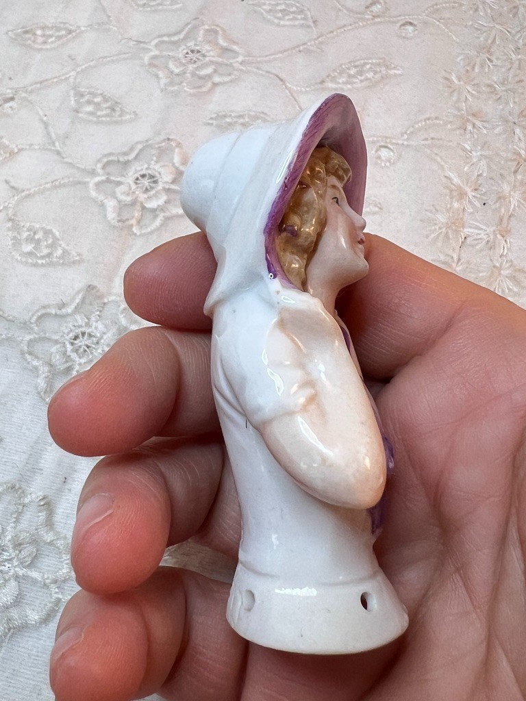 Vintage German Porcelain Pin Cushion Doll Purple Hat Half Doll Approx 2.25"H