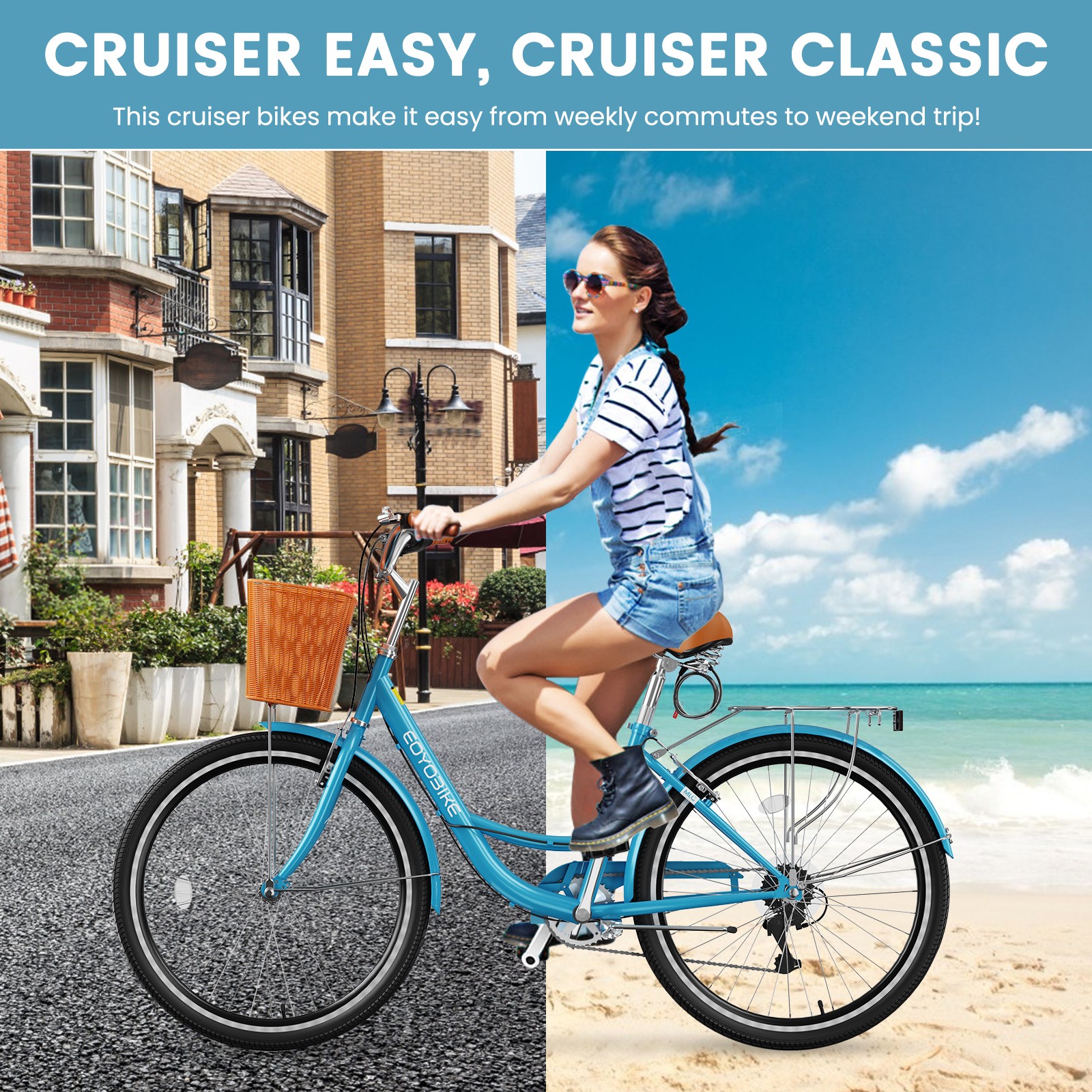 EOYOBIKE Beach Cruiser Bike for Women, Bike with Ratten Basket and Rack 26 inch
