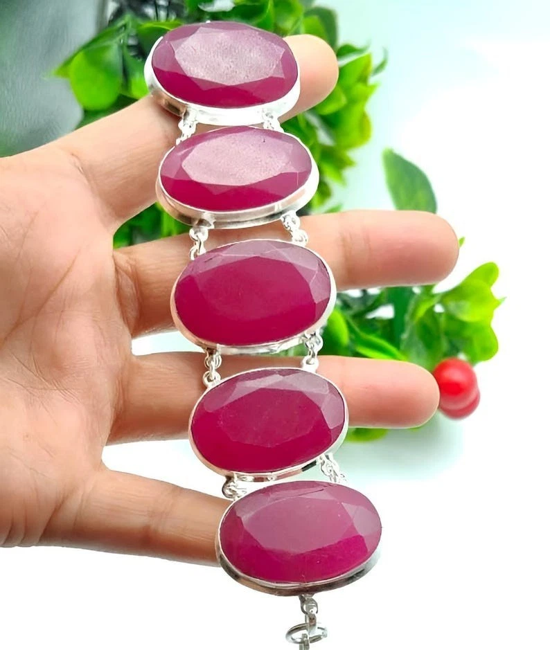 Natural Pink Ruby Gemstone 925 Sterling Silver Jewelry Bracelet Size 7-8" - Image 3 of 4